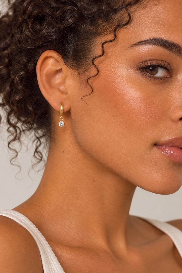 Gold Solitaire Cubic Zirconia Drop Hoops
