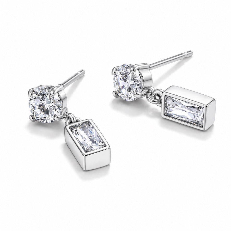 Silver Baguette Cubic Zirconia Drop Studs