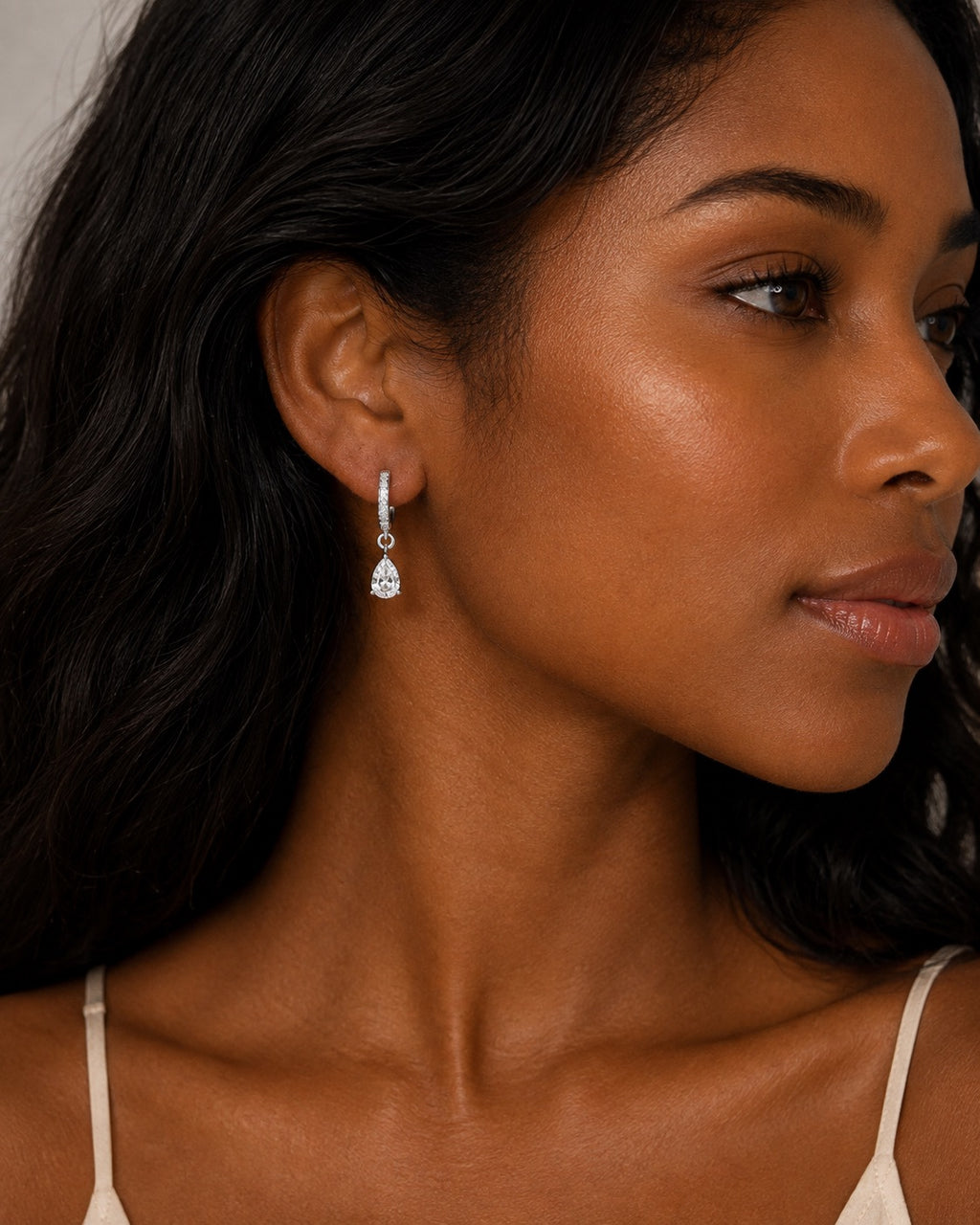 Silver Pear Cubic Zirconia Drop Hoops