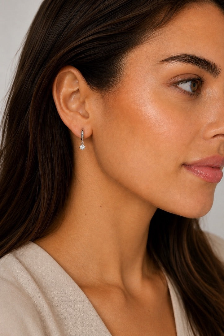 Silver Solitaire Cubic Zirconia Drop Hoops