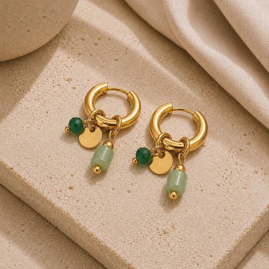 Green Stone Charm Hoops