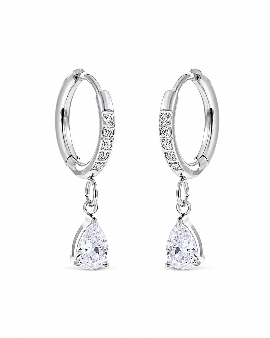 Silver Pear Cubic Zirconia Drop Hoops