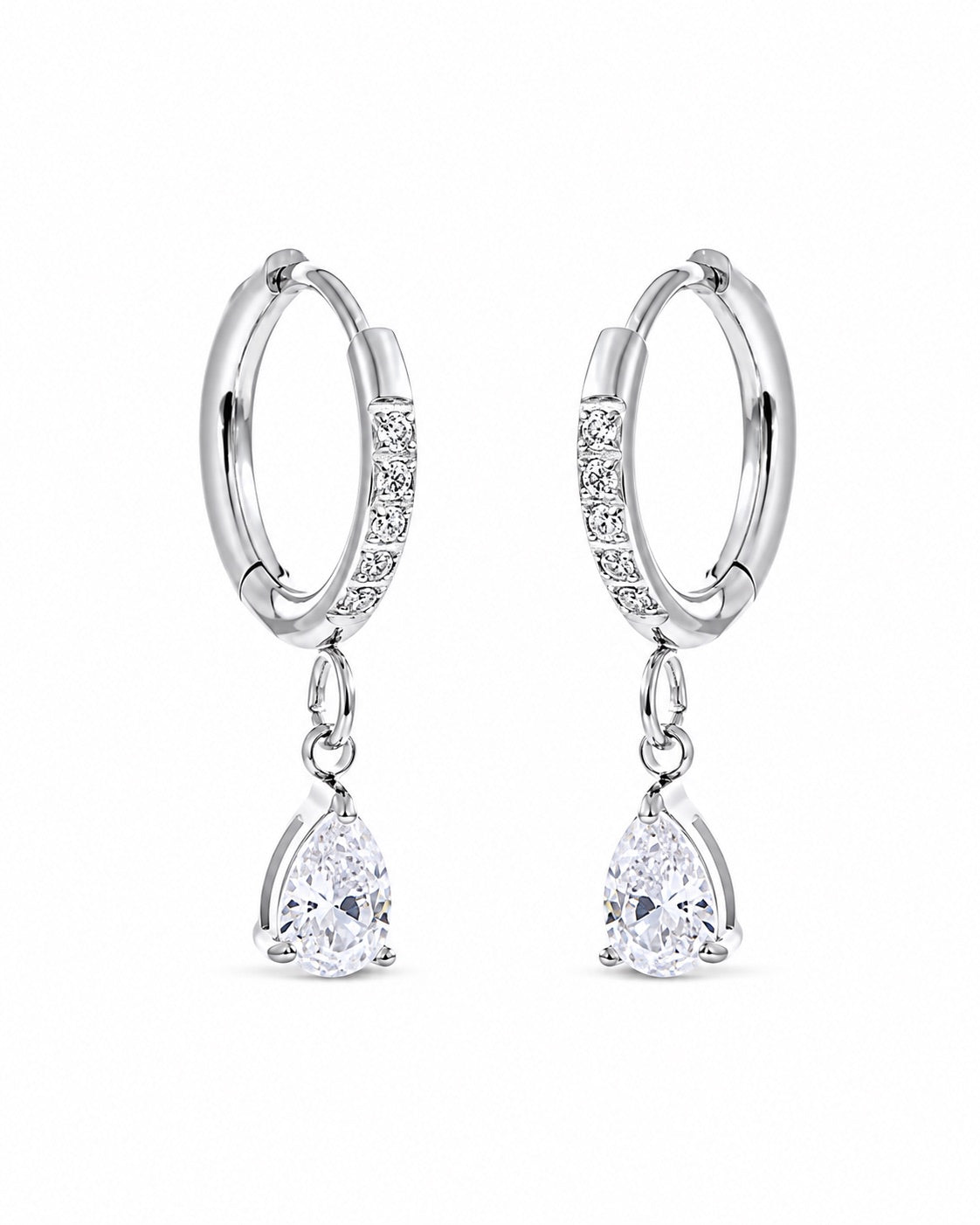 Silver Pear Cubic Zirconia Drop Hoops