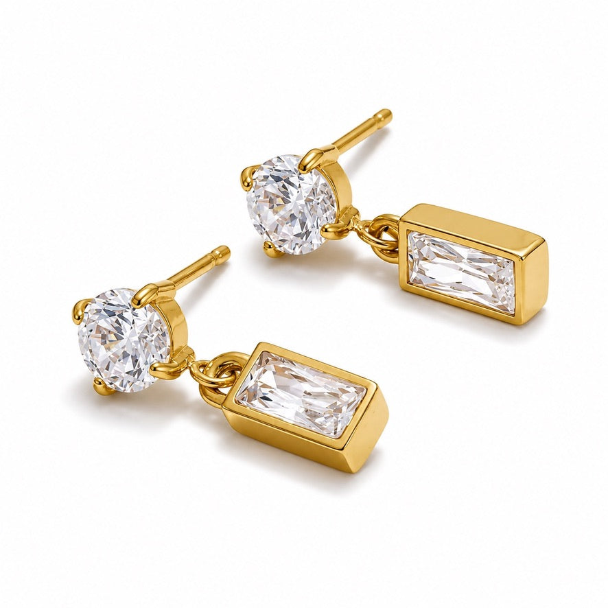 Gold Baguette Cubic Zirconia Drop Studs