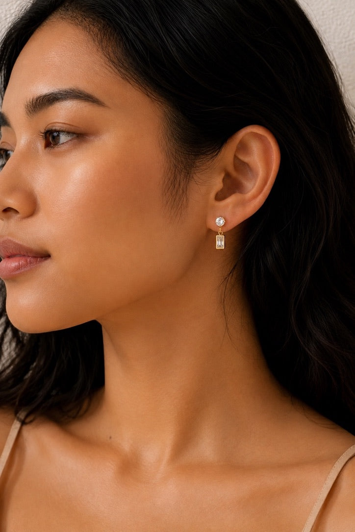 Gold Baguette Cubic Zirconia Drop Studs