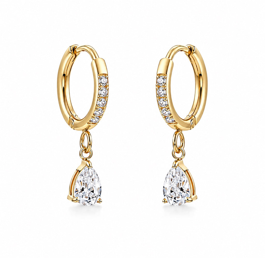 Gold Pear Cubic Zirconia Drop Hoops