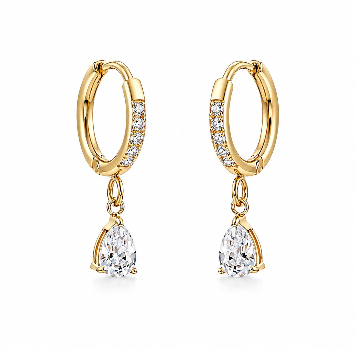 Gold Pear Cubic Zirconia Drop Hoops