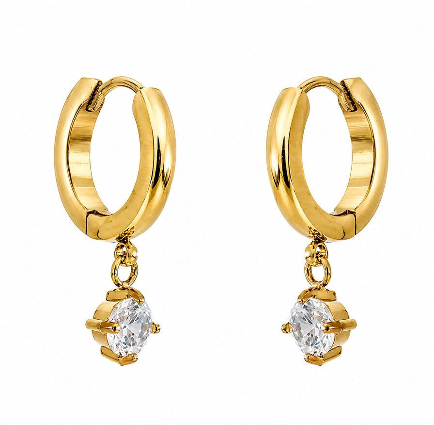 Gold Solitaire Cubic Zirconia Drop Hoops