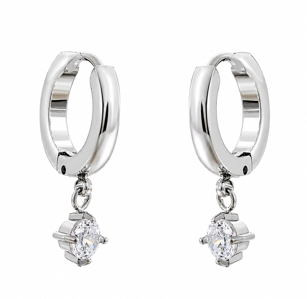 Silver Solitaire Cubic Zirconia Drop Hoops
